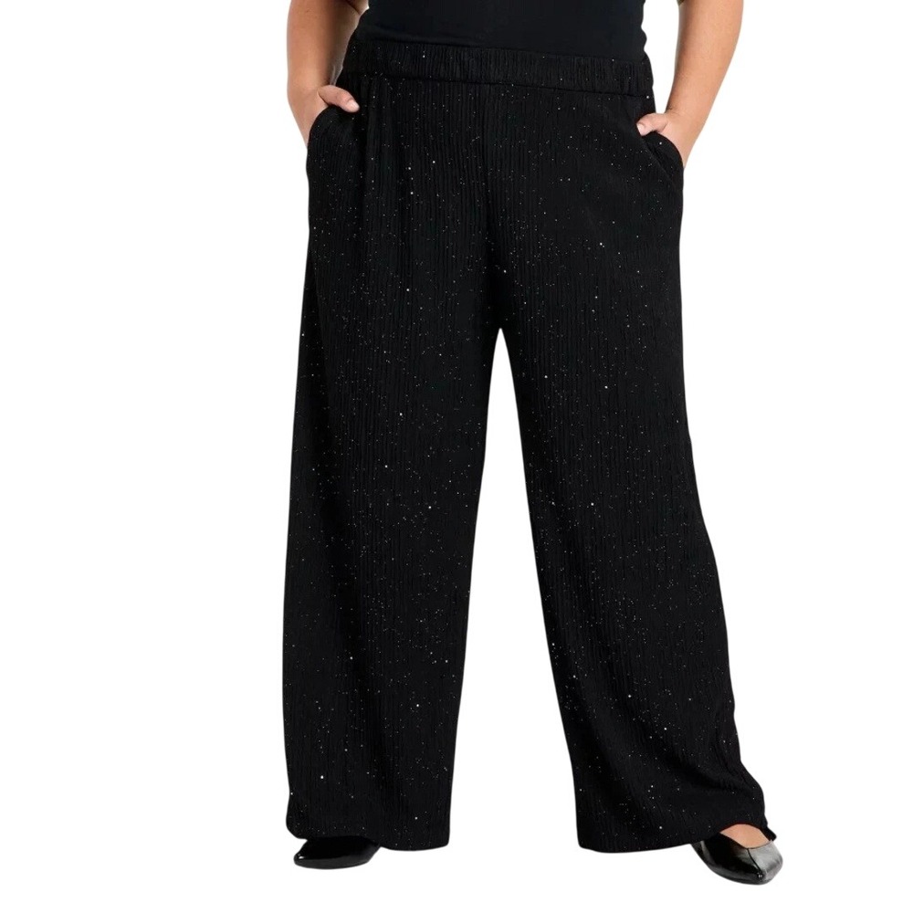 Ava & Viv Women's Black Sparkle High Rise Plisse Wide Leg Pants Size XXL